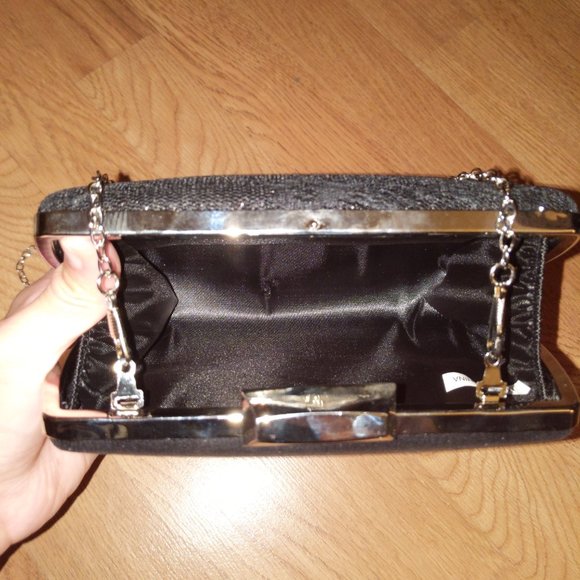 Black sparkle glitter silver chain purse clutch - Picture 4 of 8